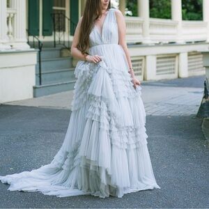 COPY - BHLDN Anthropologie Tinka Tiered tulle wedding gown light blue with train